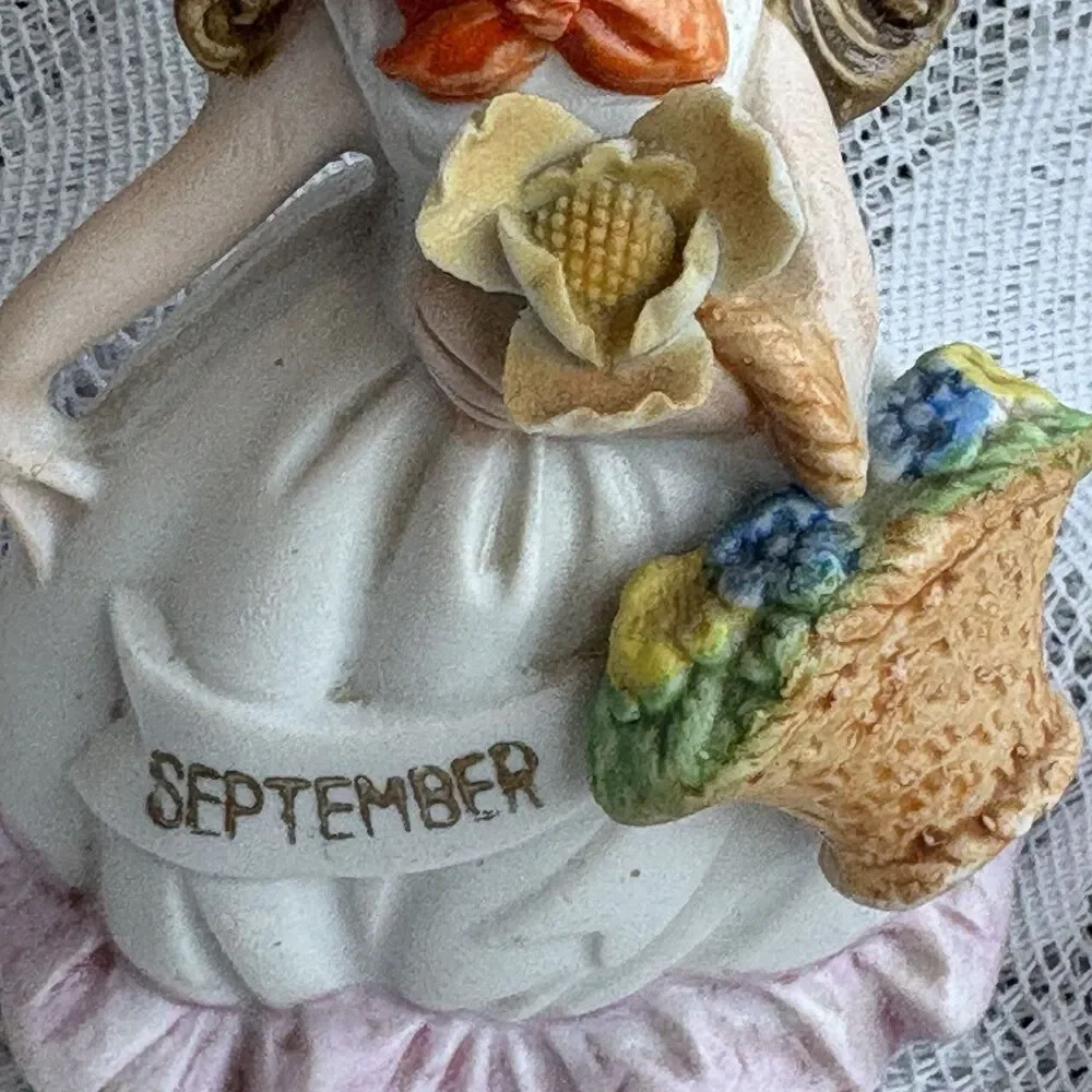 Vintage September‎ Birthday Girl Figurine Ardco Style Lady Hat Flowers 4”